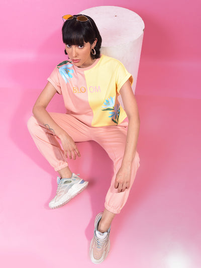 Peach Color-Blocked Crop T-Shirt-Women T-Shirts-Crimsoune Club