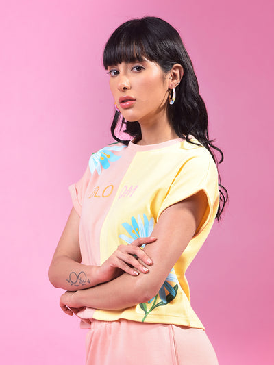 Peach Color-Blocked Crop T-Shirt-Women T-Shirts-Crimsoune Club