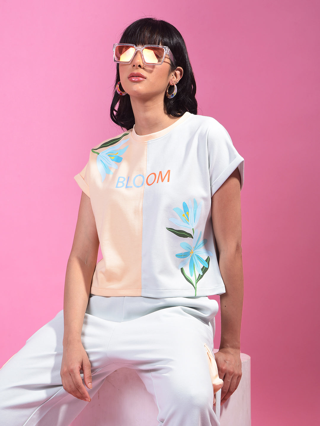 Blue Color-Blocked T-Shirt-Women T-Shirts-Crimsoune Club