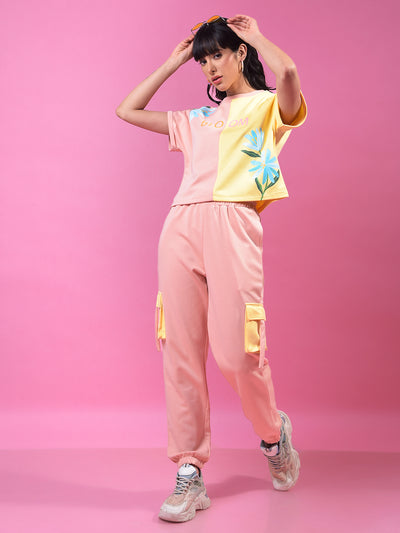 Peach Color-Blocked Cargo Trackpants-Women Trackpants-Crimsoune Club