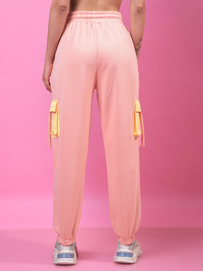 Peach Color-Blocked Cargo Trackpants-Women Trackpants-Crimsoune Club