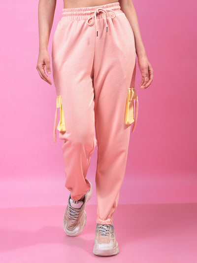 Peach Color-Blocked Cargo Trackpants-Women Trackpants-Crimsoune Club