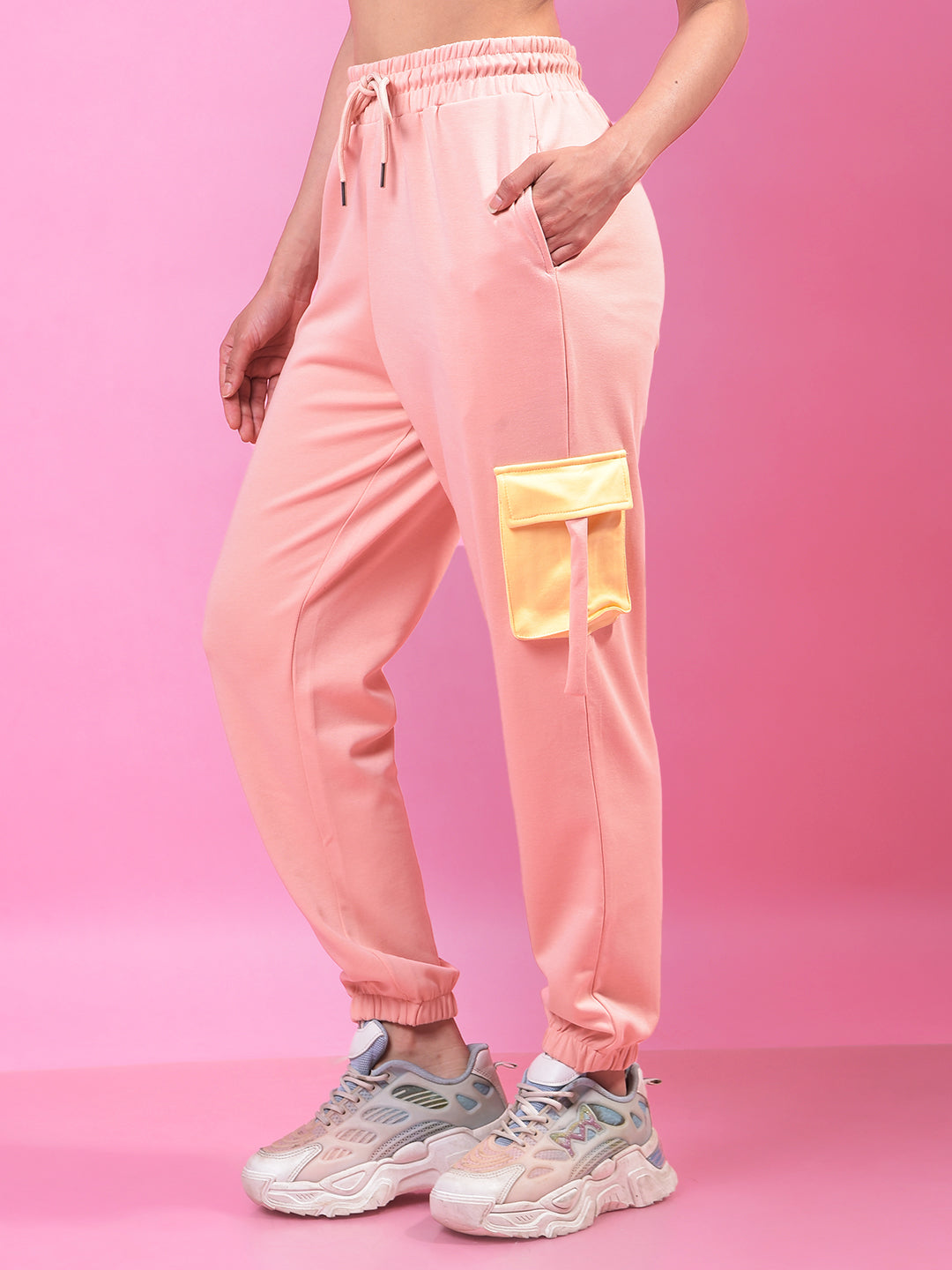 Peach Color-Blocked Cargo Trackpants-Women Trackpants-Crimsoune Club