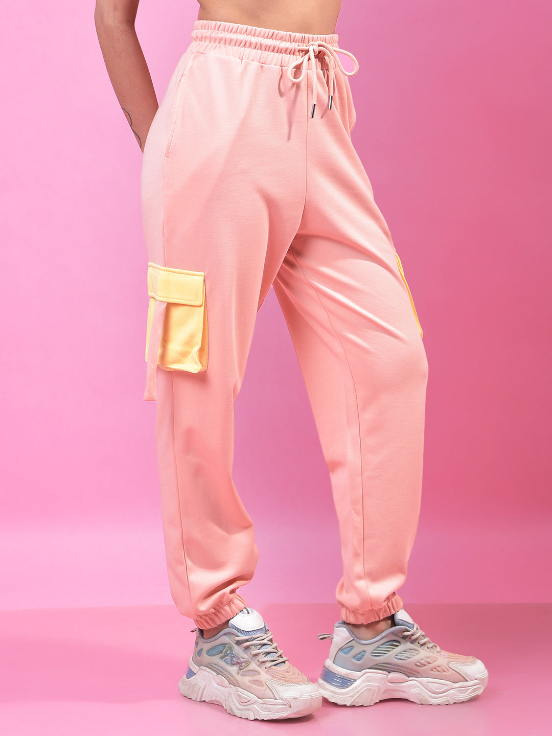 Peach Color-Blocked Cargo Trackpants-Women Trackpants-Crimsoune Club