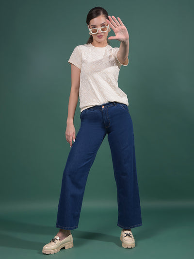 Cream Embroidered T-Shirt-Women T-Shirts-Crimsoune Club