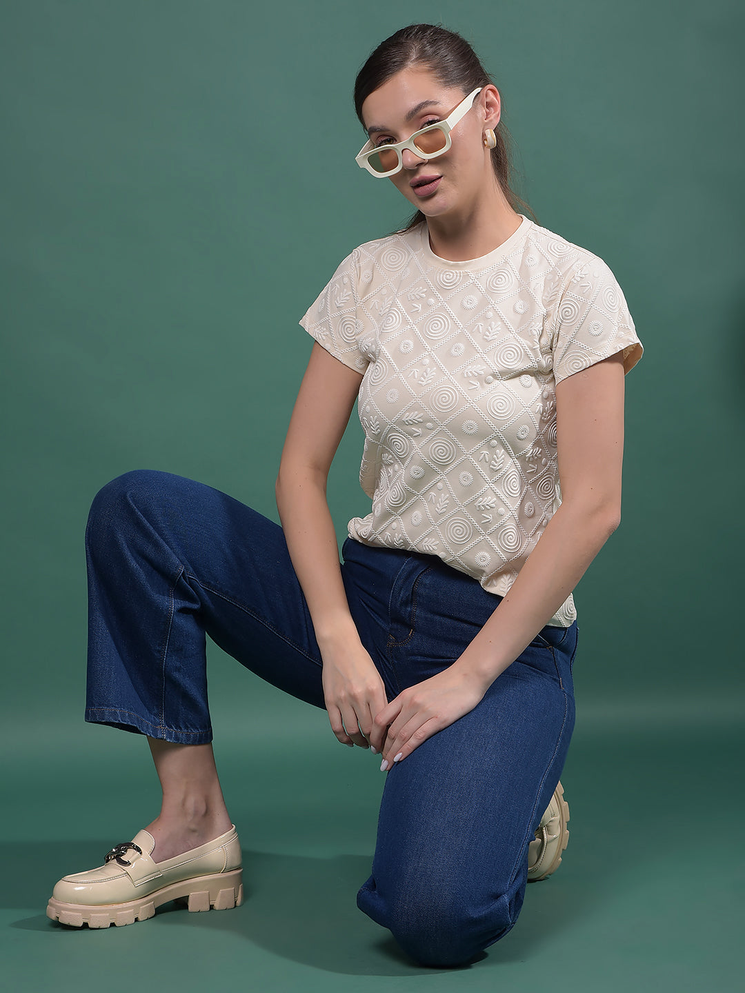 Cream Embroidered T-Shirt-Women T-Shirts-Crimsoune Club