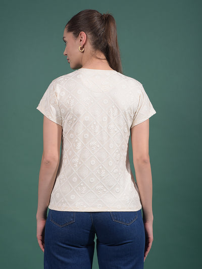 Cream Embroidered T-Shirt-Women T-Shirts-Crimsoune Club
