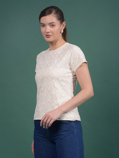 Cream Embroidered T-Shirt-Women T-Shirts-Crimsoune Club