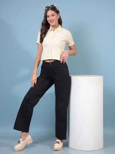 Women's Cream Jacquard Crop-Length Shirt-Women Shirts-Crimsoune Club