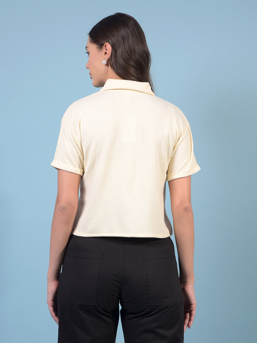Women's Cream Jacquard Crop-Length Shirt-Women Shirts-Crimsoune Club