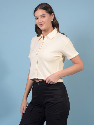 Women's Cream Jacquard Crop-Length Shirt-Women Shirts-Crimsoune Club