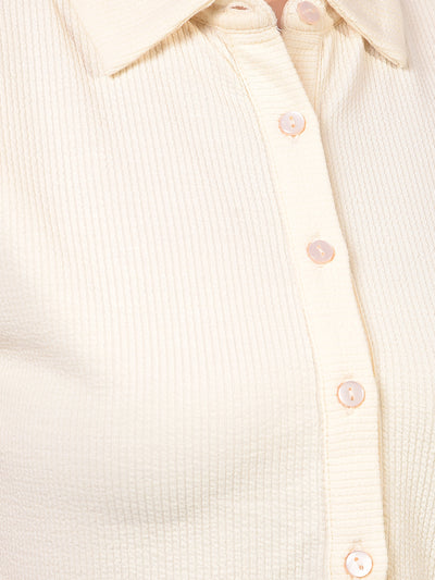 Women's Cream Jacquard Crop-Length Shirt-Women Shirts-Crimsoune Club
