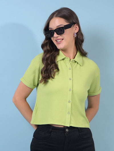 Women's Green Jacquard Crop-Length Shirt-Women Shirts-Crimsoune Club