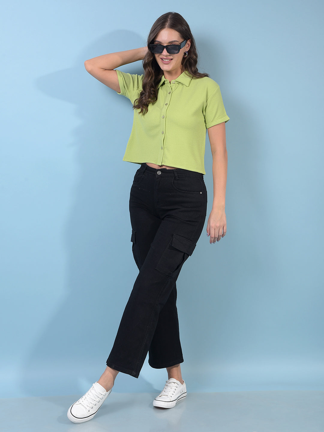 Women's Green Jacquard Crop-Length Shirt-Women Shirts-Crimsoune Club