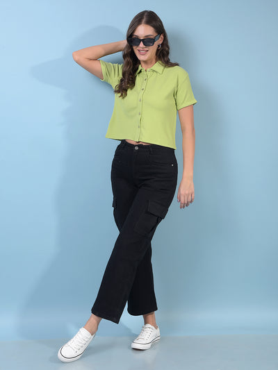 Women's Green Jacquard Crop-Length Shirt-Women Shirts-Crimsoune Club