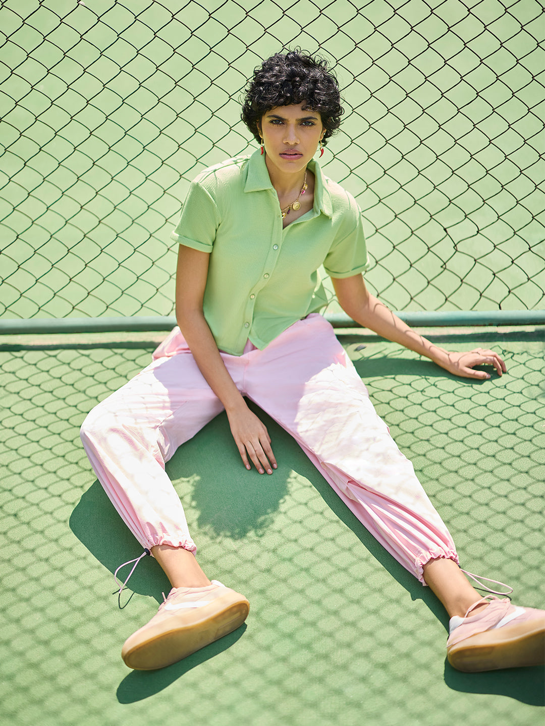 Green Jacquard Crop-Length Shirt-Women Shirts-Crimsoune Club