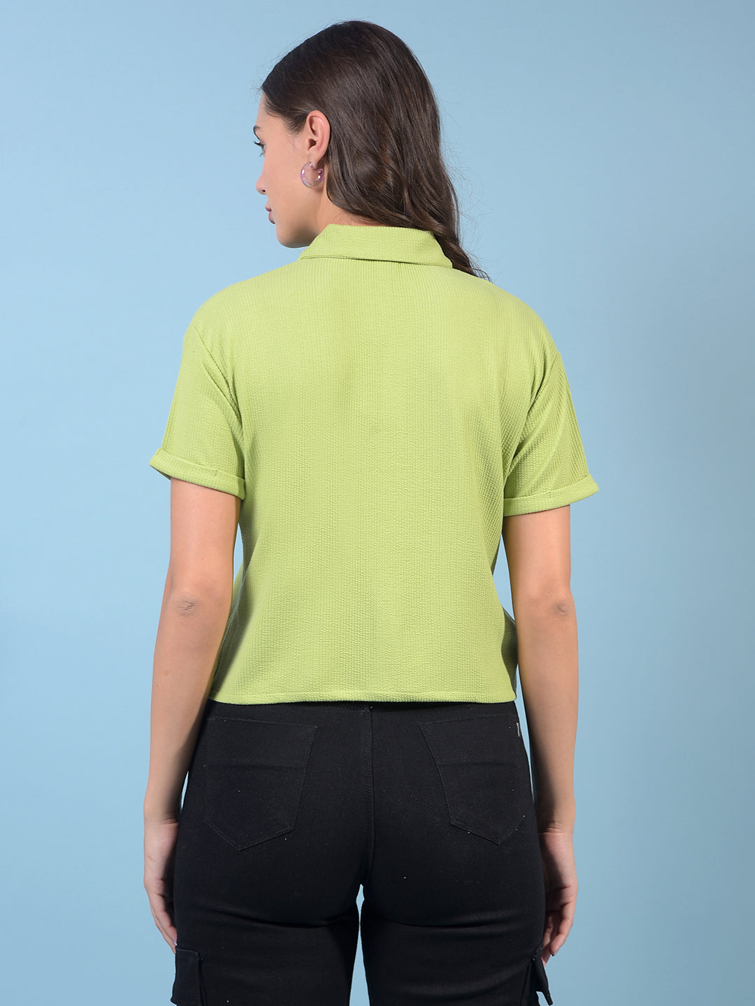 Women's Green Jacquard Crop-Length Shirt-Women Shirts-Crimsoune Club