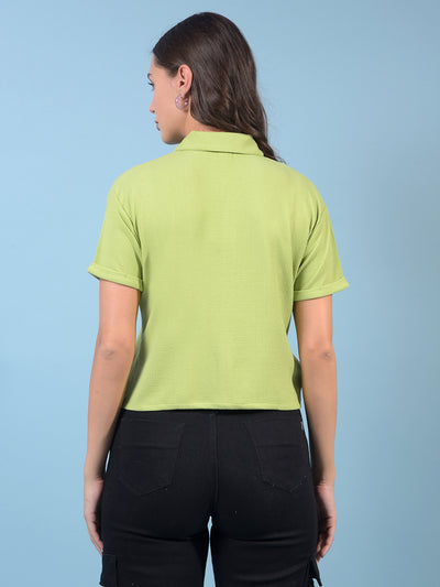 Women's Green Jacquard Crop-Length Shirt-Women Shirts-Crimsoune Club