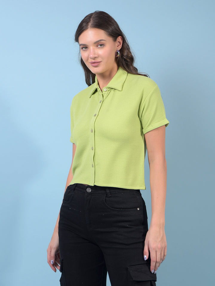 Women's Green Jacquard Crop-Length Shirt-Women Shirts-Crimsoune Club