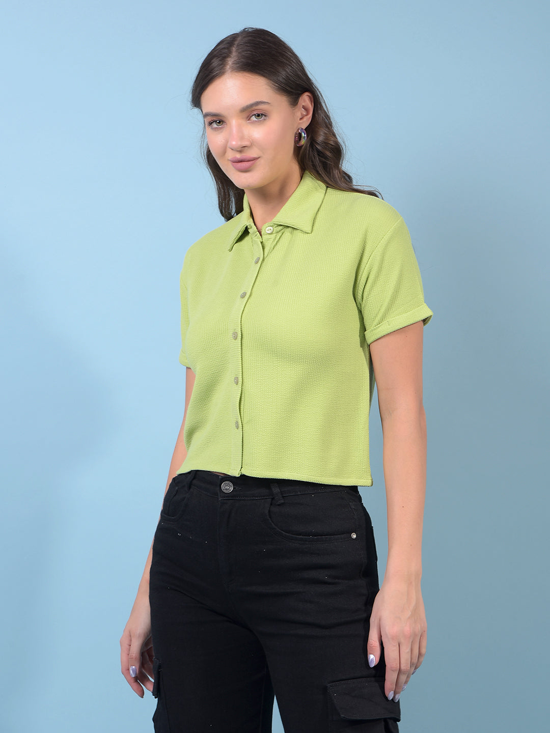 Women's Green Jacquard Crop-Length Shirt-Women Shirts-Crimsoune Club