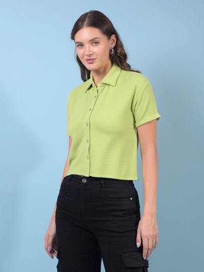 Women's Green Jacquard Crop-Length Shirt-Women Shirts-Crimsoune Club