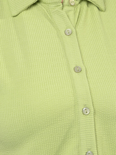 Women's Green Jacquard Crop-Length Shirt-Women Shirts-Crimsoune Club