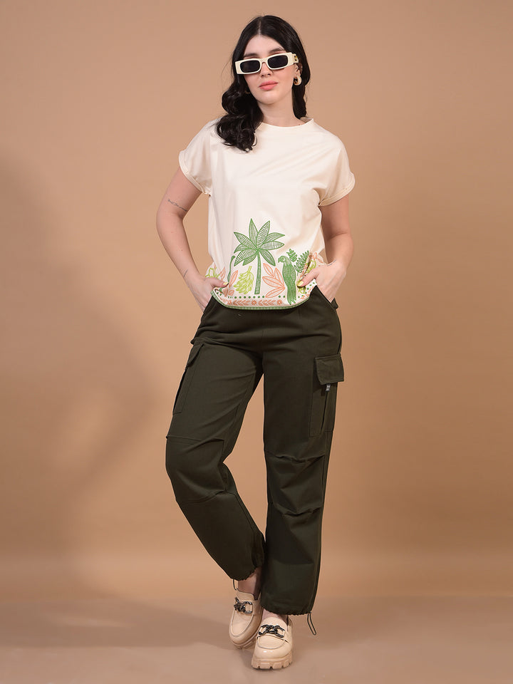 Women's Cream Graphic Print T-Shirt-Women T-Shirts-Crimsoune Club