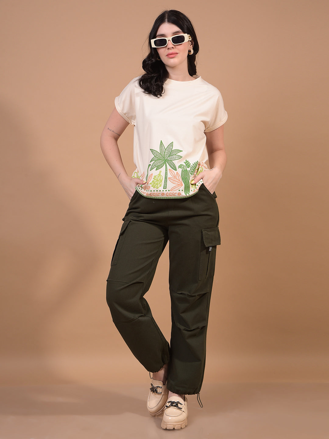 Women's Cream Graphic Print T-Shirt-Women T-Shirts-Crimsoune Club