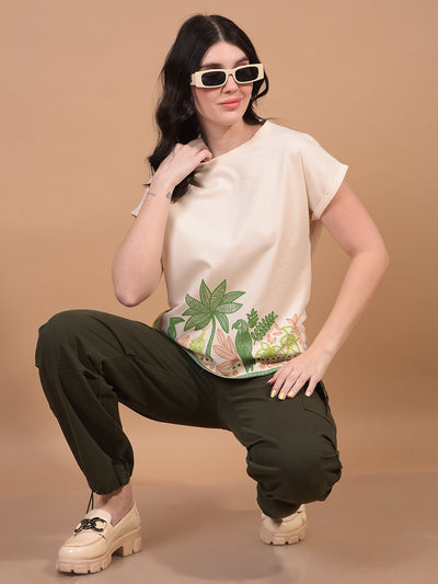 Women's Cream Graphic Print T-Shirt-Women T-Shirts-Crimsoune Club