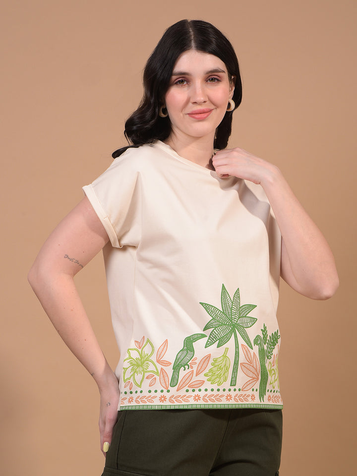Women's Cream Graphic Print T-Shirt-Women T-Shirts-Crimsoune Club
