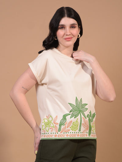 Women's Cream Graphic Print T-Shirt-Women T-Shirts-Crimsoune Club