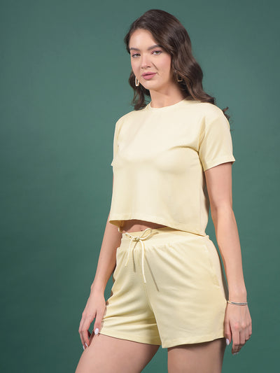 Cream Jacquard Crop Length T-Shirt-Women T-Shirts-Crimsoune Club