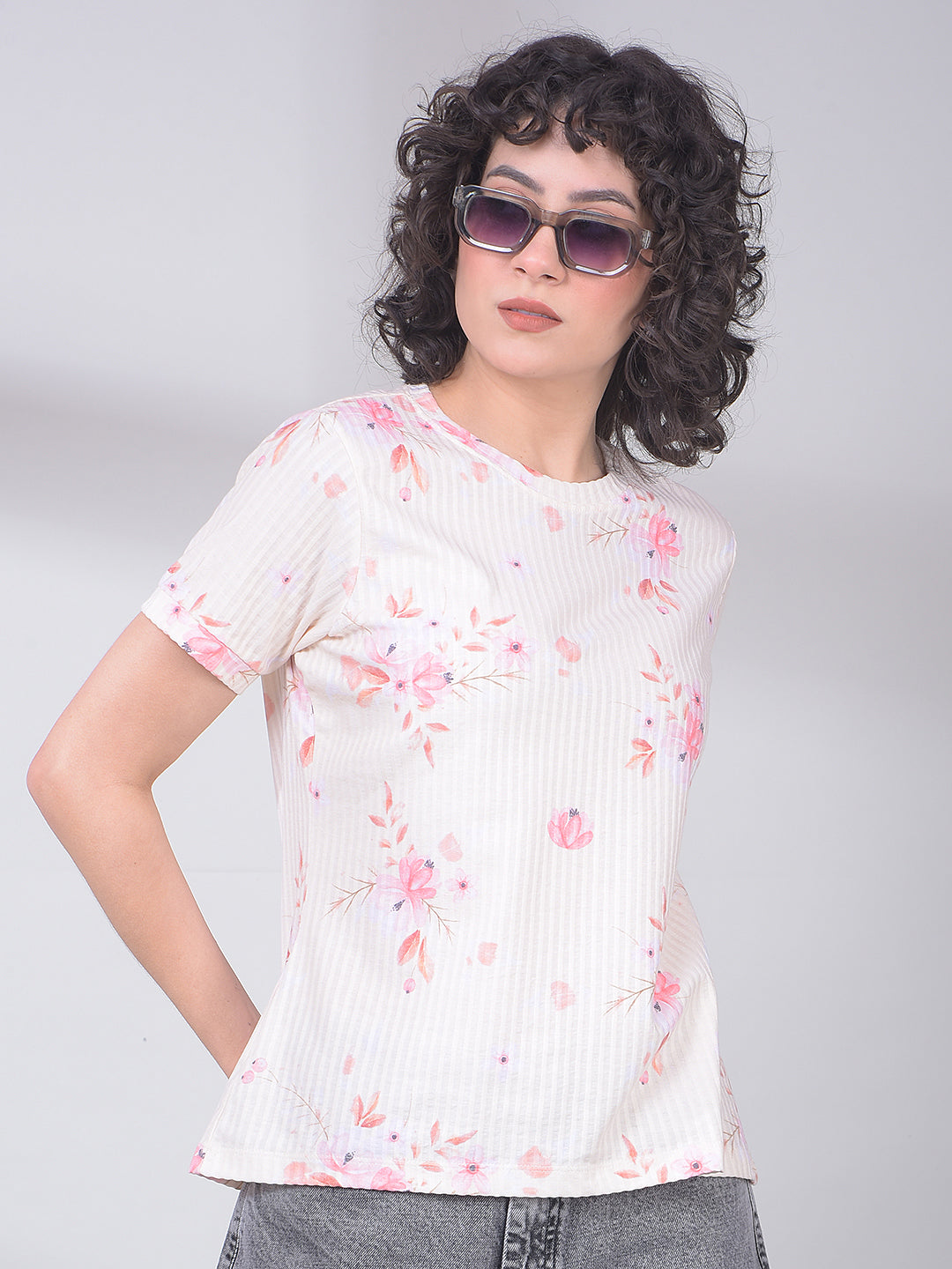 Yellow Floral Print Top-Women Tops-Crimsoune Club