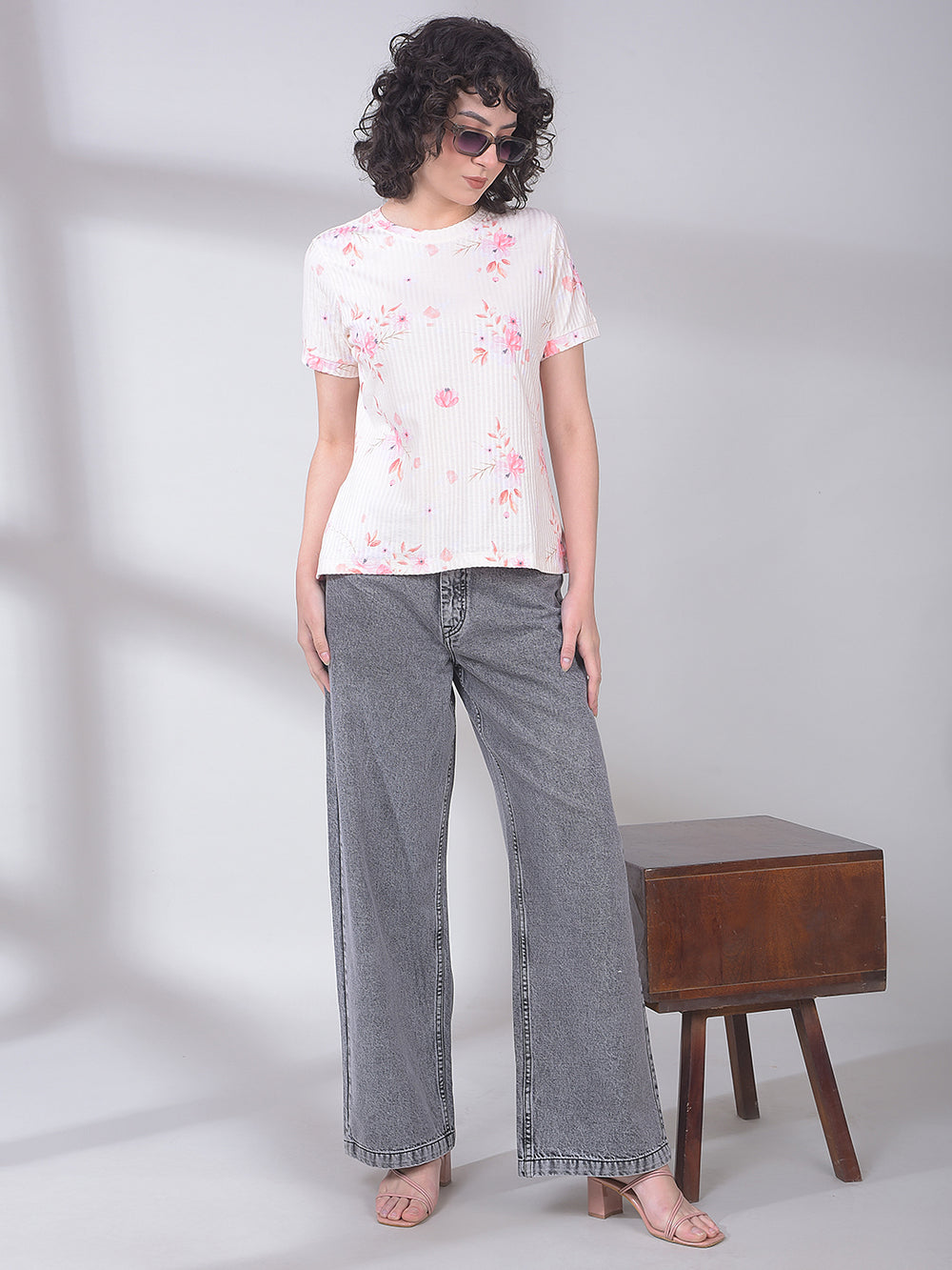 Yellow Floral Print Top-Women Tops-Crimsoune Club