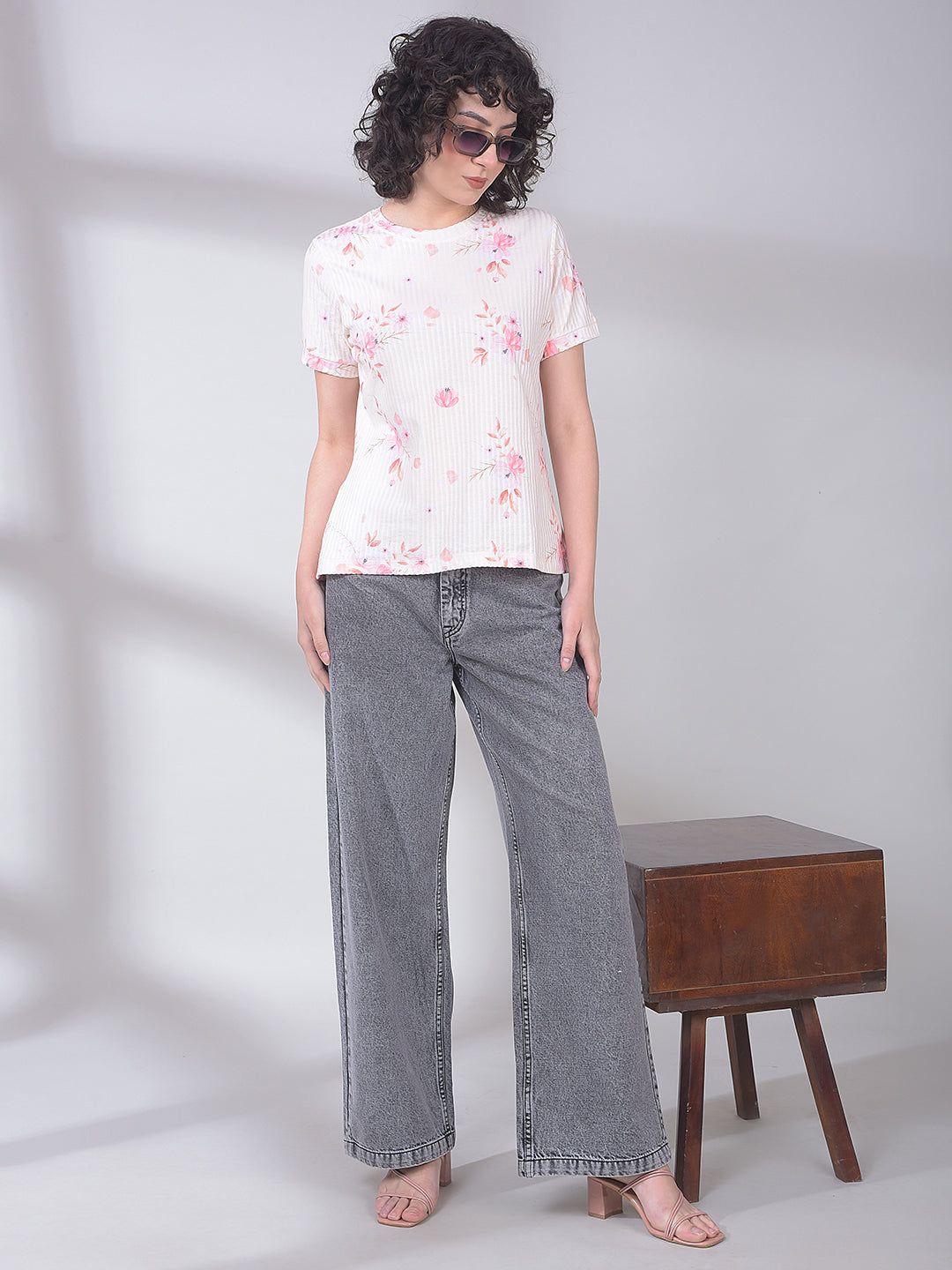 Yellow Floral Print Top-Women Tops-Crimsoune Club