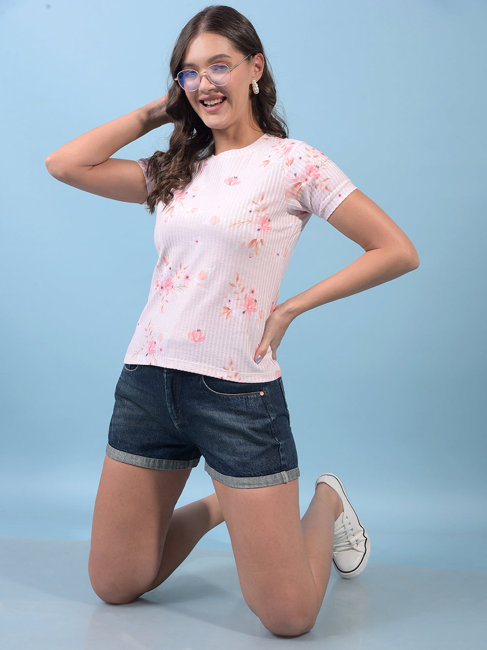 Women's Peach Floral Print Top-Women Tops-Crimsoune Club
