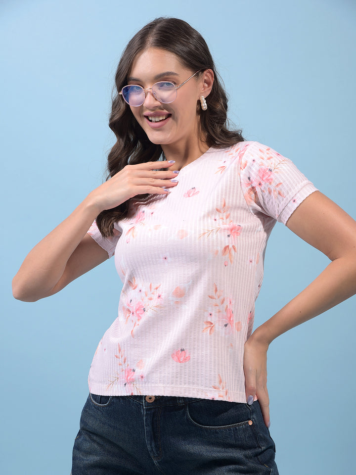 Women's Peach Floral Print Top-Women Tops-Crimsoune Club