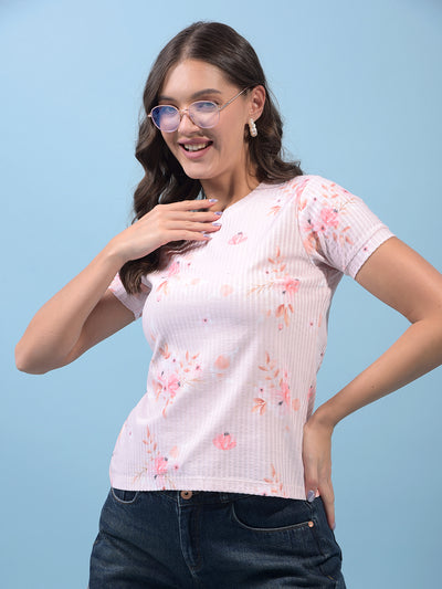 Women's Peach Floral Print Top-Women Tops-Crimsoune Club