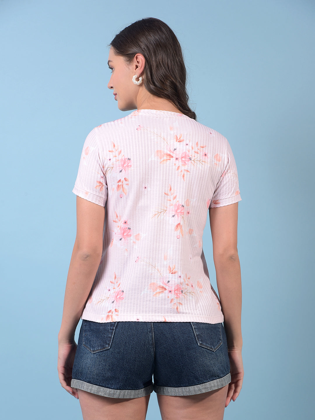 Women's Peach Floral Print Top-Women Tops-Crimsoune Club