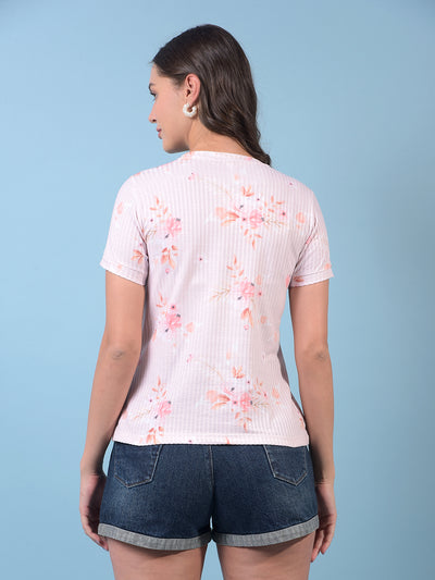 Women's Peach Floral Print Top-Women Tops-Crimsoune Club