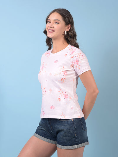 Women's Peach Floral Print Top-Women Tops-Crimsoune Club