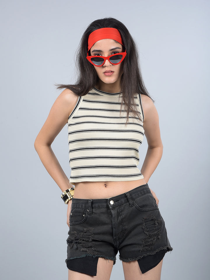 Black Horizontal Stripes Sleeveless Crop Length T-Shirt-Women T-Shirts-Crimsoune Club