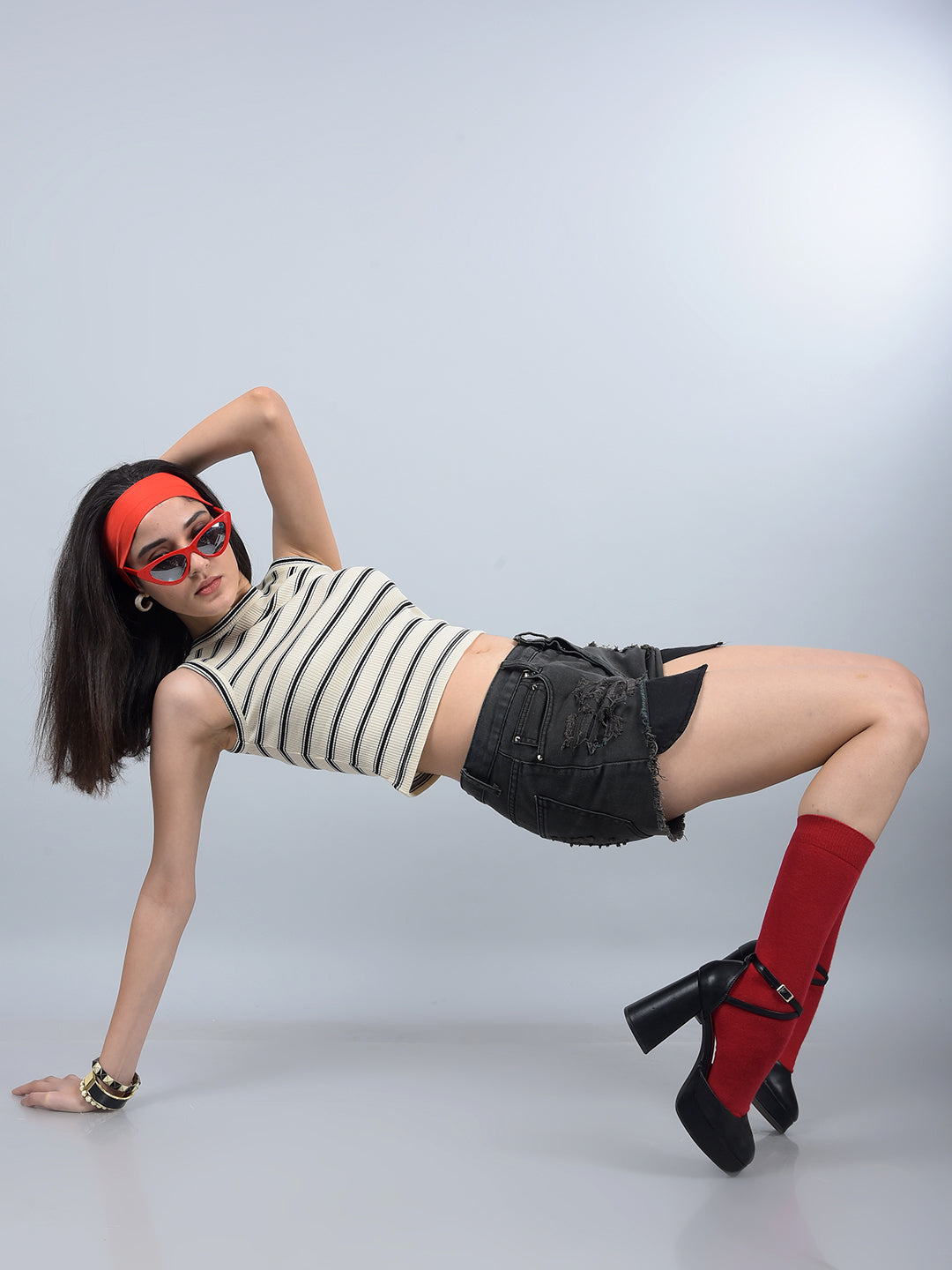 Black Horizontal Stripes Sleeveless Crop Length T-Shirt-Women T-Shirts-Crimsoune Club