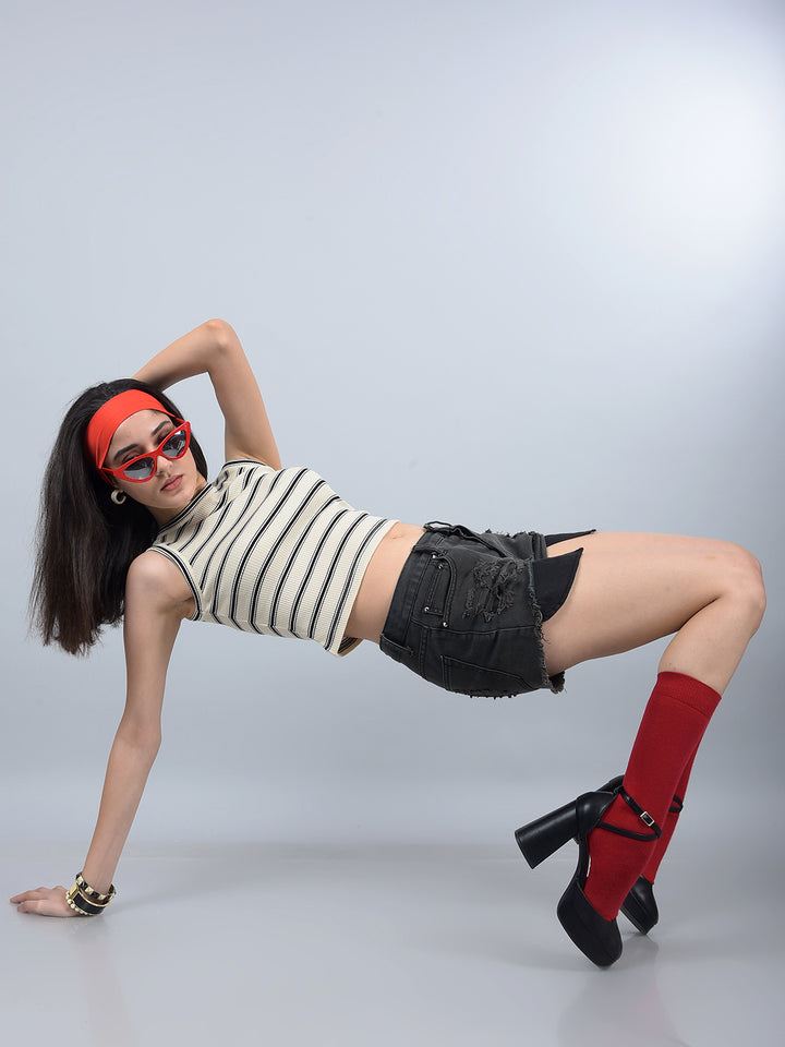 Black Horizontal Stripes Sleeveless Crop Length T-Shirt-Women T-Shirts-Crimsoune Club