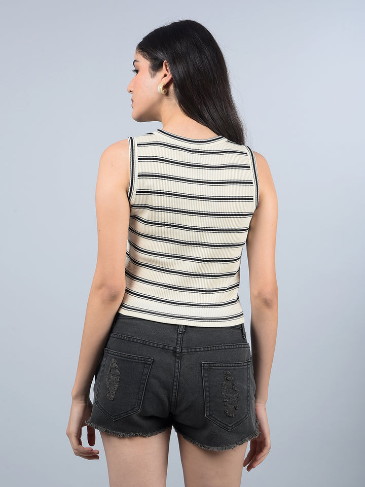 Black Horizontal Stripes Sleeveless Crop Length T-Shirt-Women T-Shirts-Crimsoune Club
