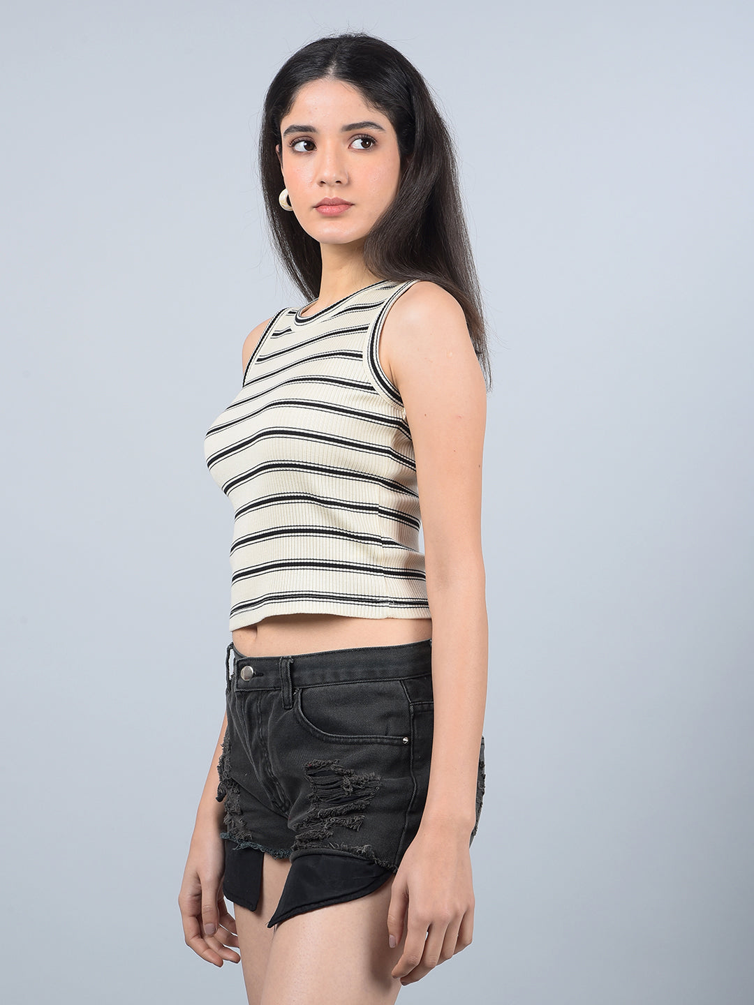 Black Horizontal Stripes Sleeveless Crop Length T-Shirt-Women T-Shirts-Crimsoune Club