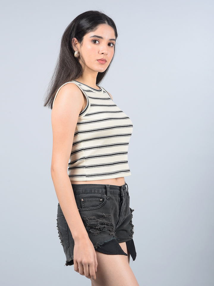 Black Horizontal Stripes Sleeveless Crop Length T-Shirt-Women T-Shirts-Crimsoune Club
