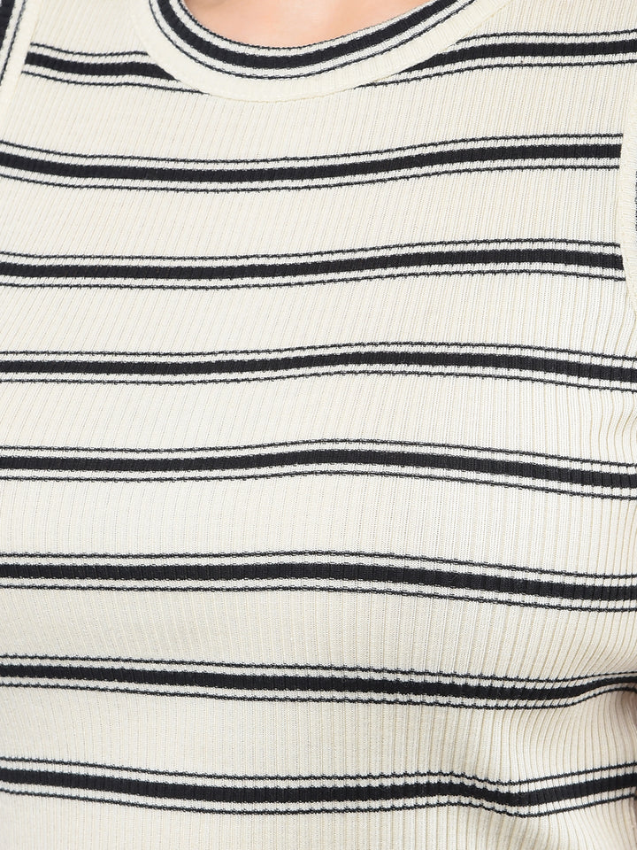 Black Horizontal Stripes Sleeveless Crop Length T-Shirt-Women T-Shirts-Crimsoune Club