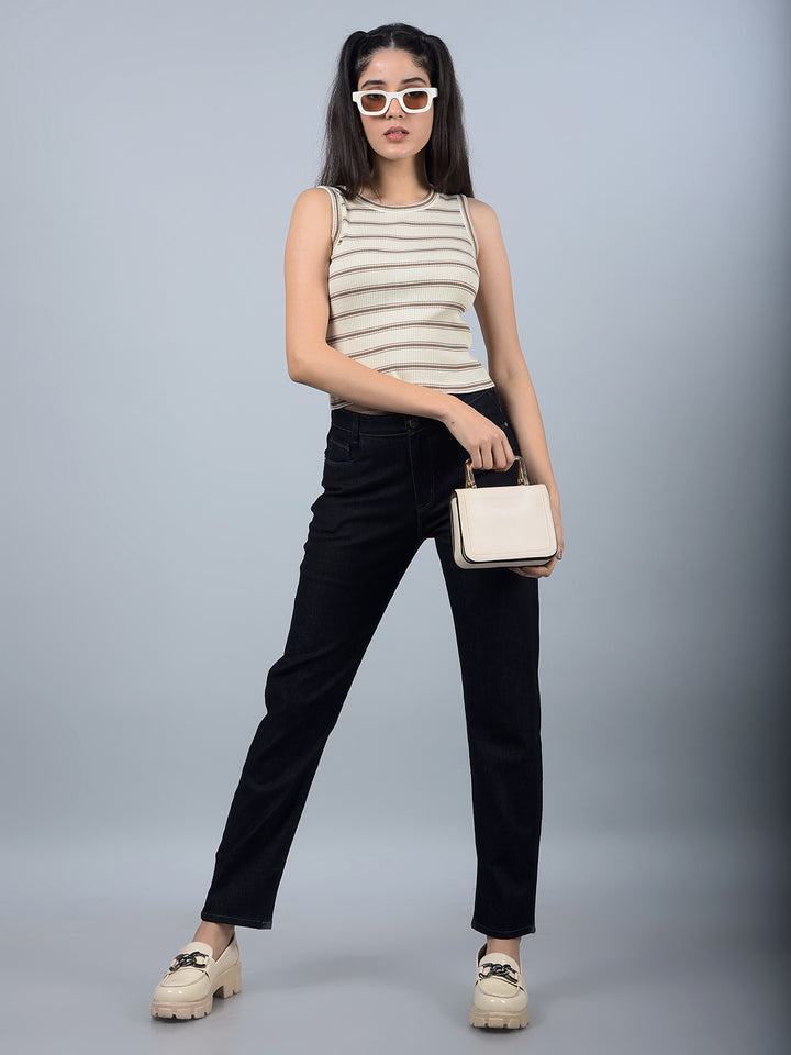 Brown Horizontal Stripes Sleeveless Crop Length T-Shirt-Women T-Shirts-Crimsoune Club