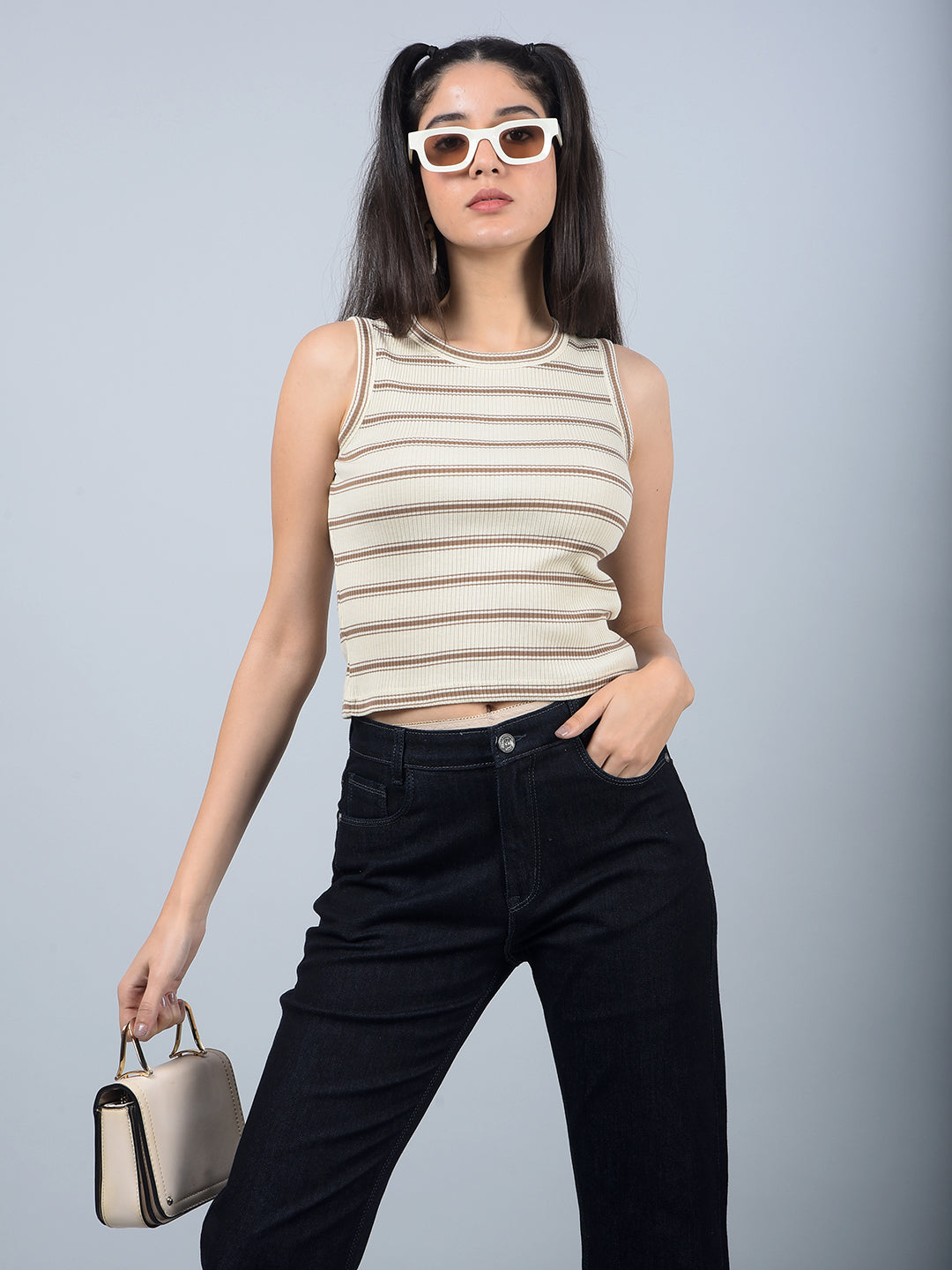 Brown Horizontal Stripes Sleeveless Crop Length T-Shirt-Women T-Shirts-Crimsoune Club